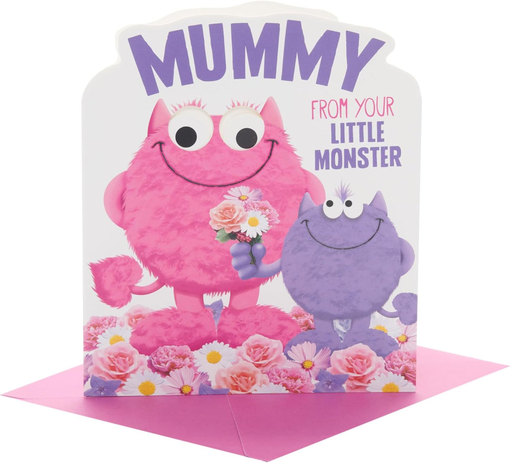 UK Greetings birthday card for Mummy featuring a playful little monster design, perfect for celebrating moms on her special day.