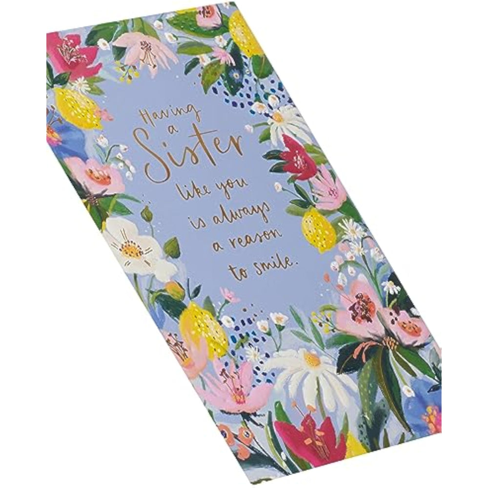 UK Greetings birthday card for sister with floral border design, featuring colorful flowers and cheerful greeting text.