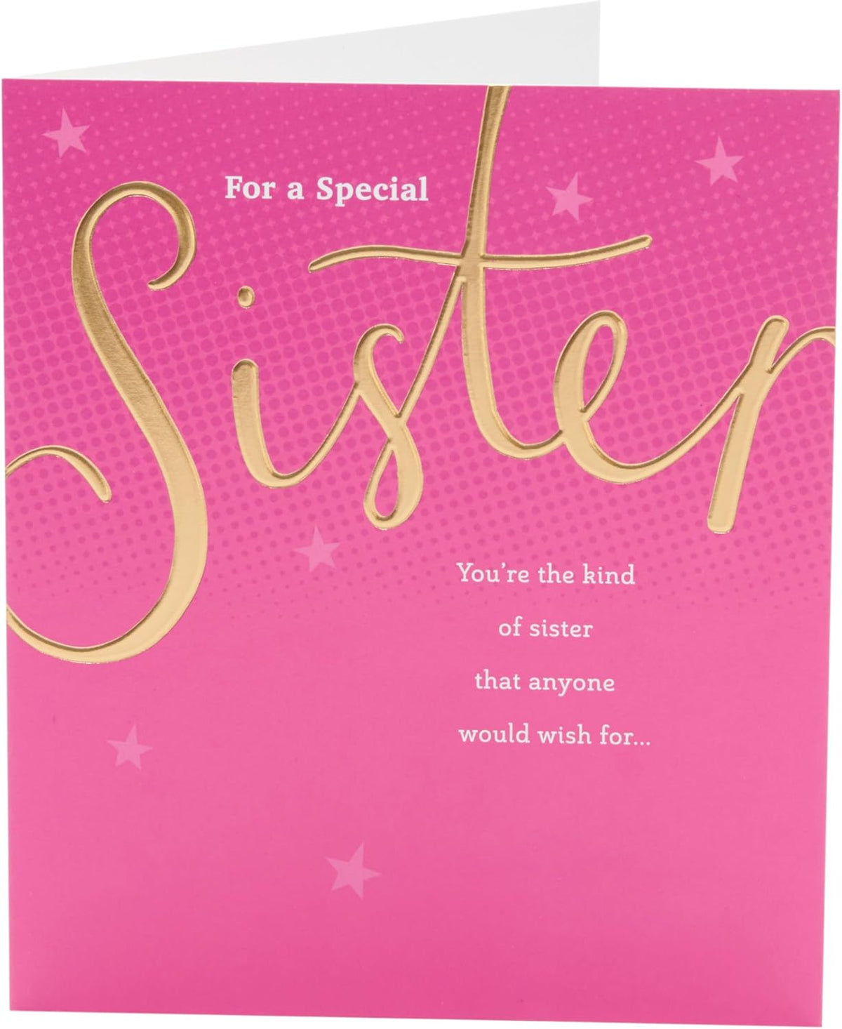 UK Greetings birthday card for sister featuring a pink and gold design, showcasing a festive greeting card with floral accents.