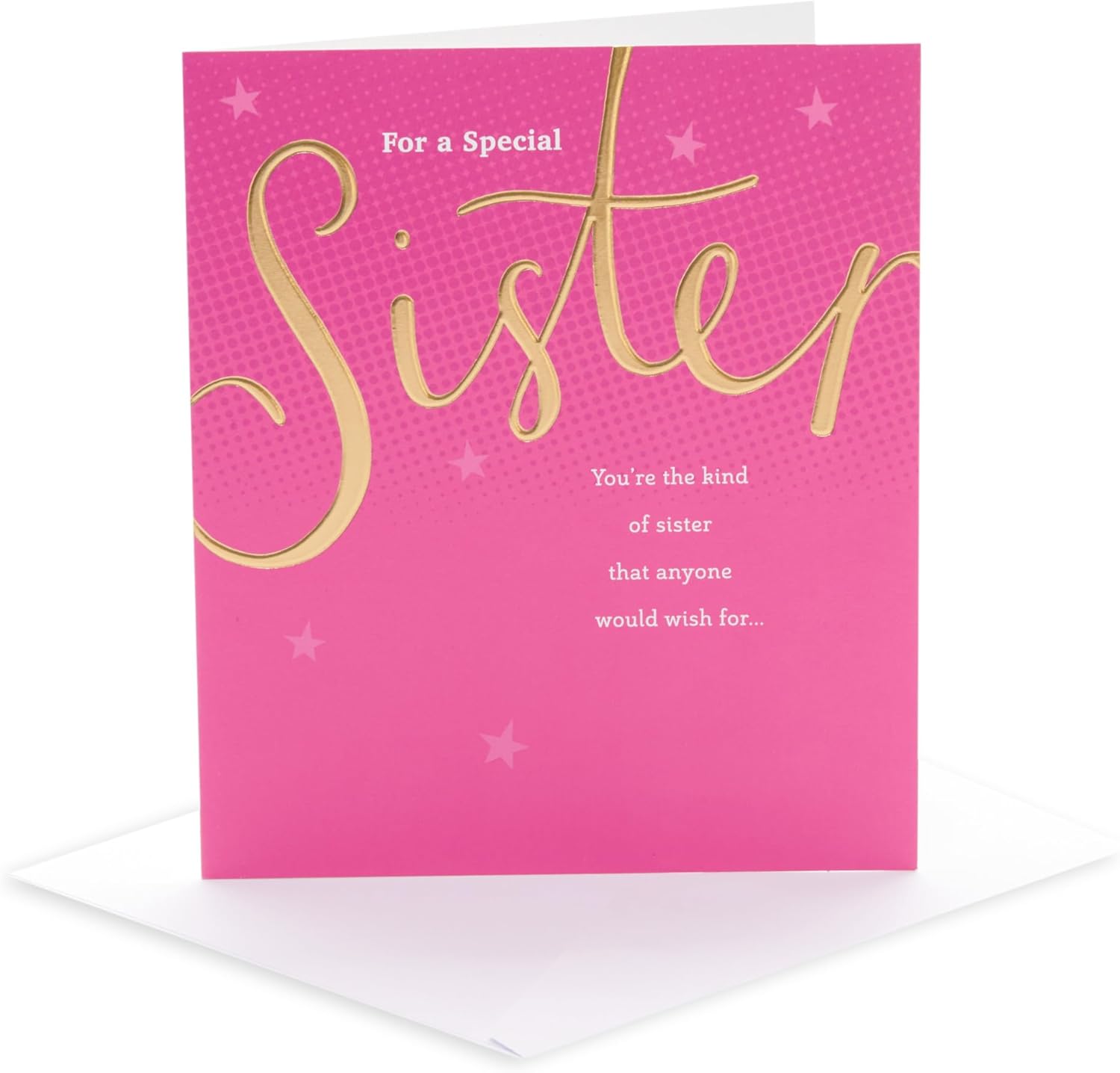 UK Greetings birthday card for sister featuring a pink and gold design, with elegant floral and heartfelt message.