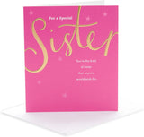 UK Greetings birthday card for sister featuring a pink and gold design, with elegant floral and heartfelt message.