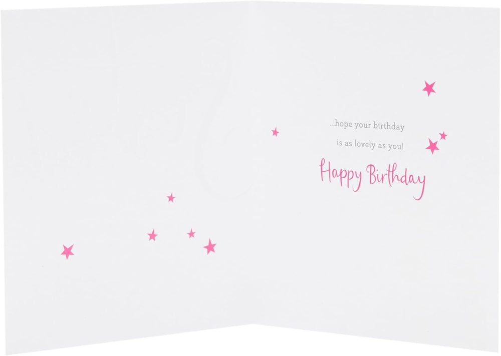 UK Greetings birthday card for sister featuring pink and gold design, showcasing elegant greeting card with floral accents.