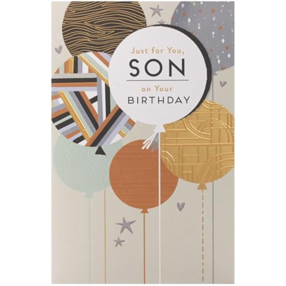 UK Greetings birthday card for son featuring colorful balloons design, perfect for celebrating special occasions.
