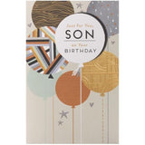 UK Greetings birthday card for son featuring colorful balloons design, perfect for celebrating special occasions.