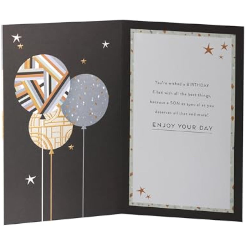 UK Greetings birthday card for son featuring colorful balloons design, perfect for celebrating a special occasion.