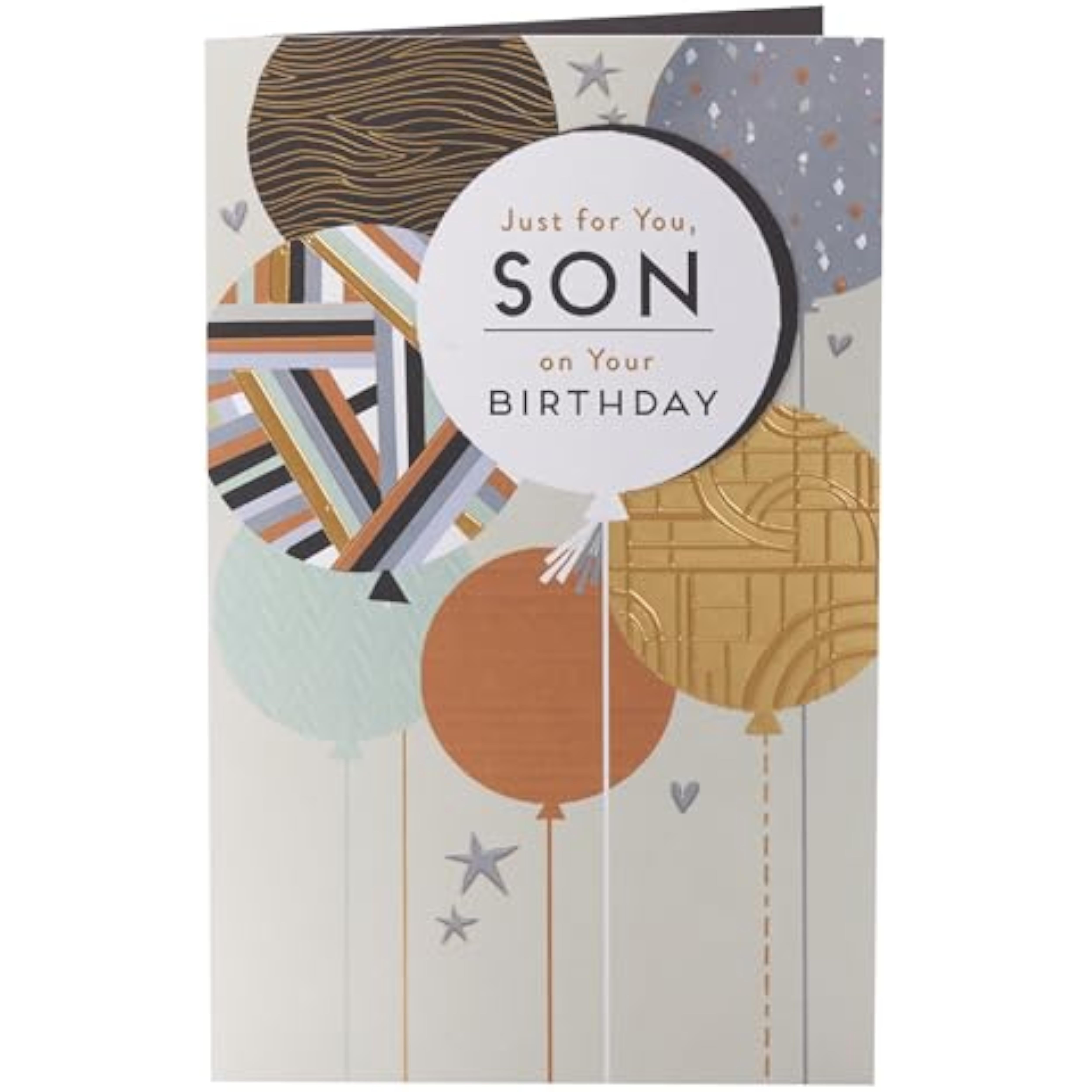 UK Greetings birthday card for son featuring colorful balloons design, perfect for celebrating special occasions.