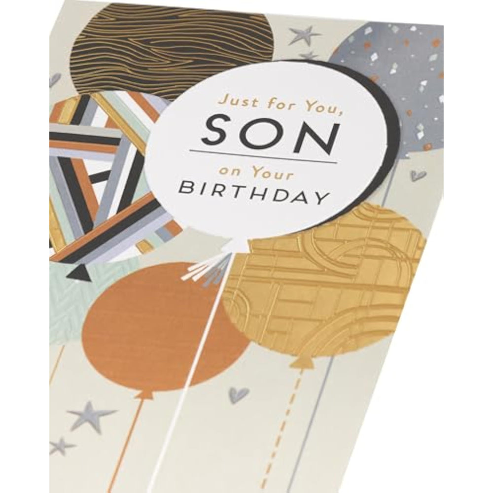UK Greetings birthday card for son featuring colorful balloons design, perfect for celebrating special occasions.