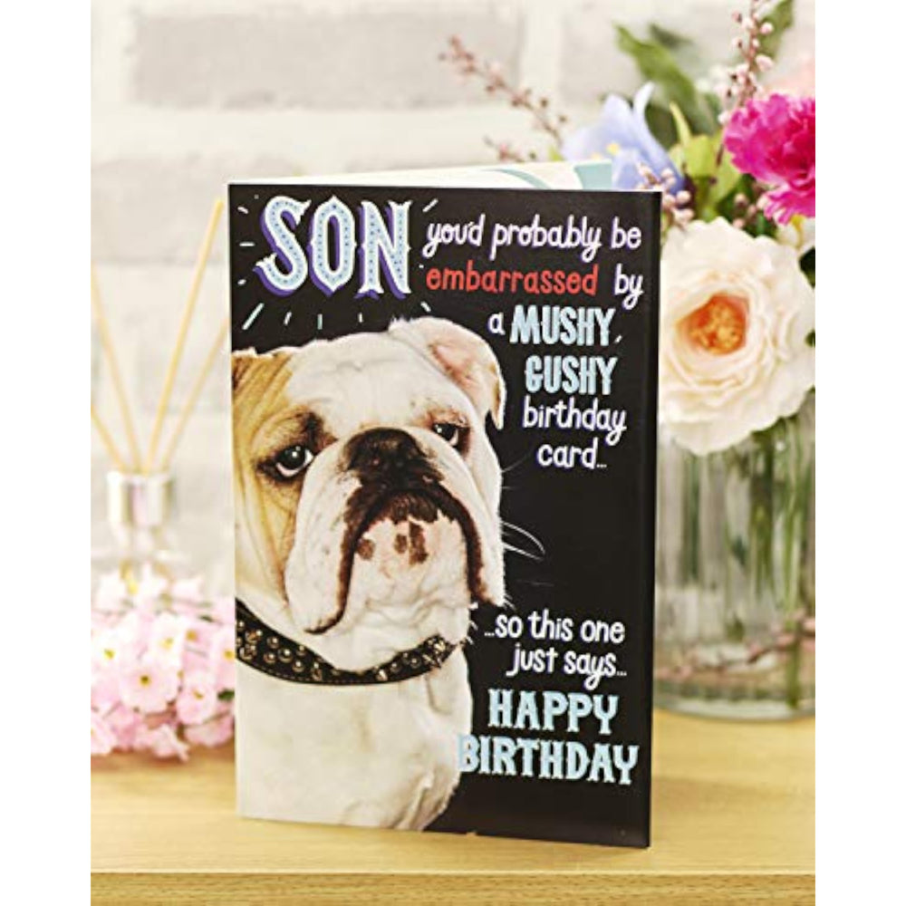 UK Greetings birthday card for son, featuring a humorous design, perfect for celebrating with a funny greeting card.