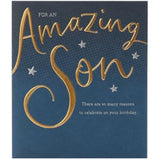 UK Greetings birthday card for son featuring a gold and blue design, perfect for celebrating special occasions.
