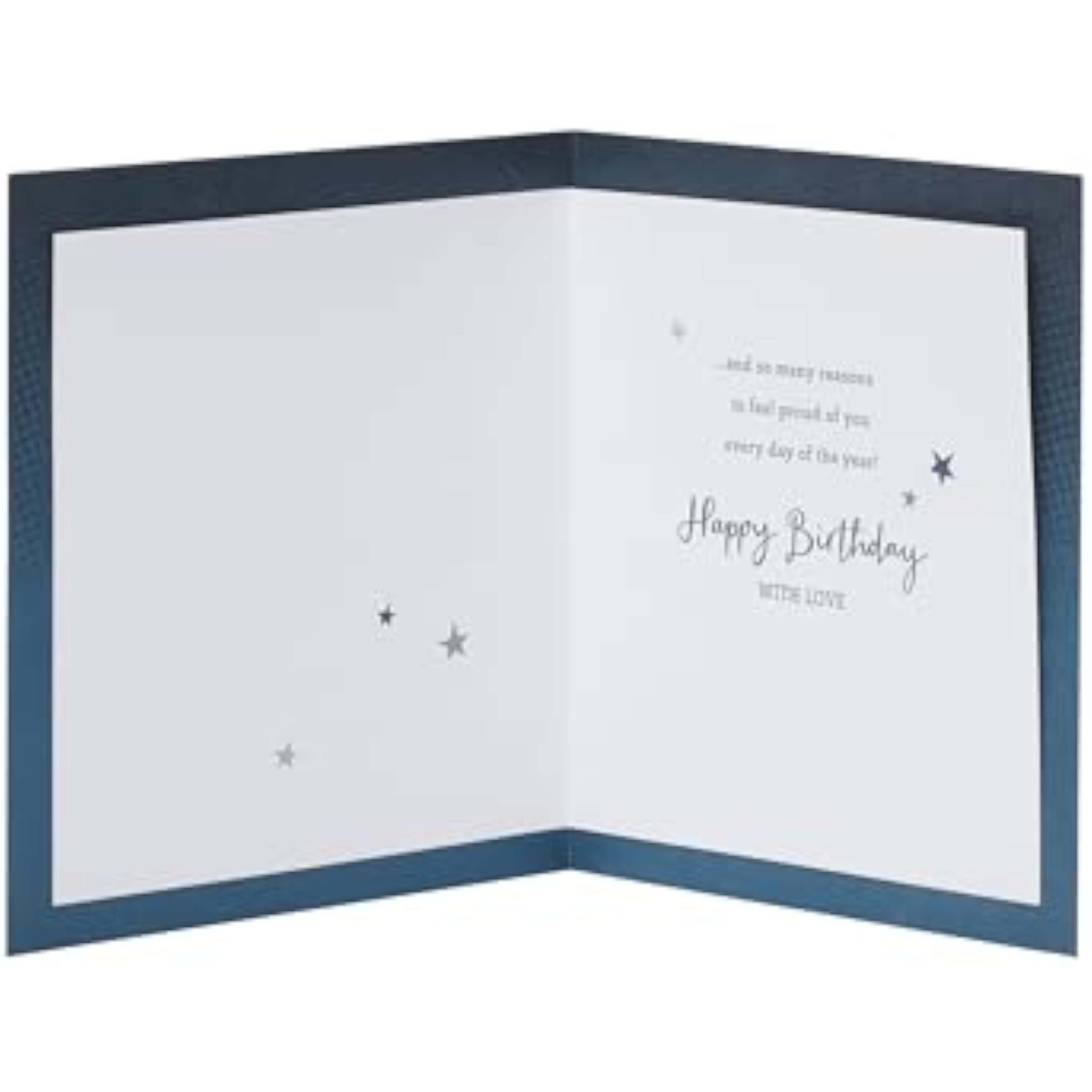 UK Greetings birthday card for son featuring a gold and blue design, showcasing a colorful greeting card with celebratory patterns.