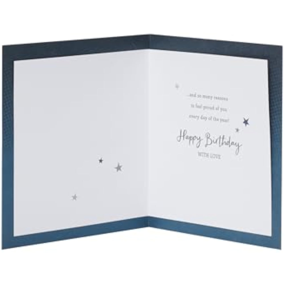 UK Greetings birthday card for son featuring a gold and blue design, showcasing a colorful greeting card with celebratory patterns.