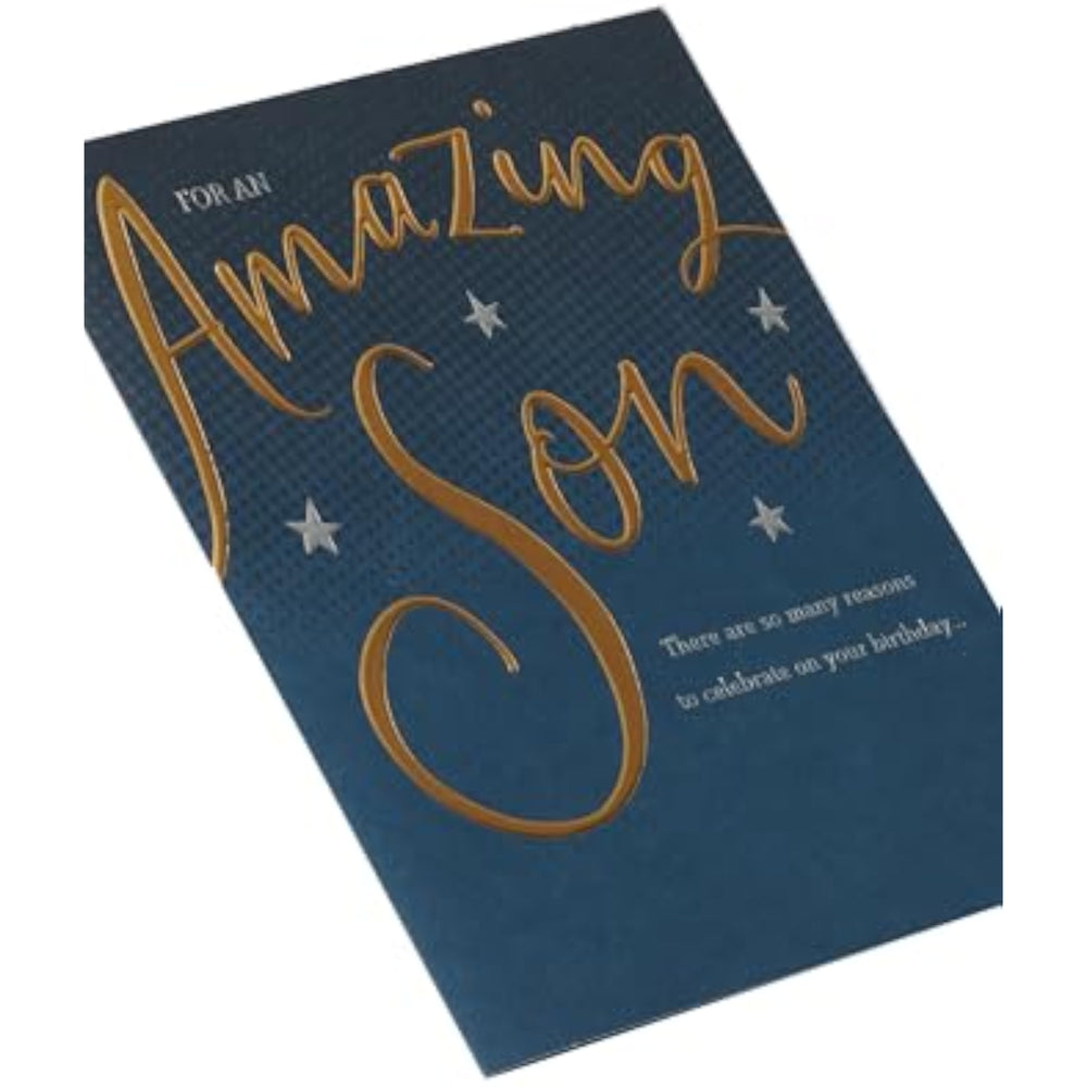 UK Greetings birthday card for son featuring a gold and blue design, showcasing a festive greeting card with cheerful colors.