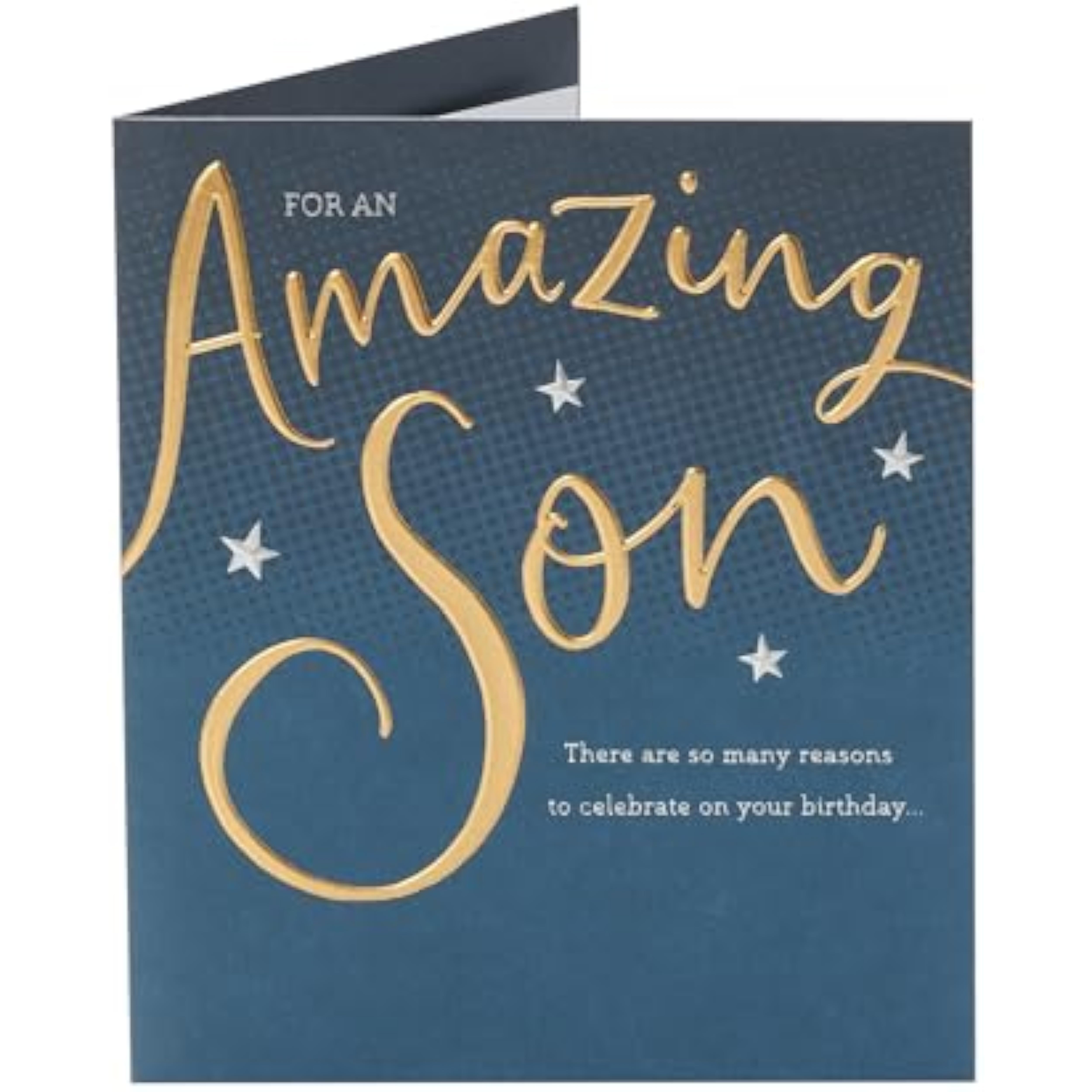 UK Greetings birthday card for son featuring a gold and blue design, perfect for celebrating special occasions.