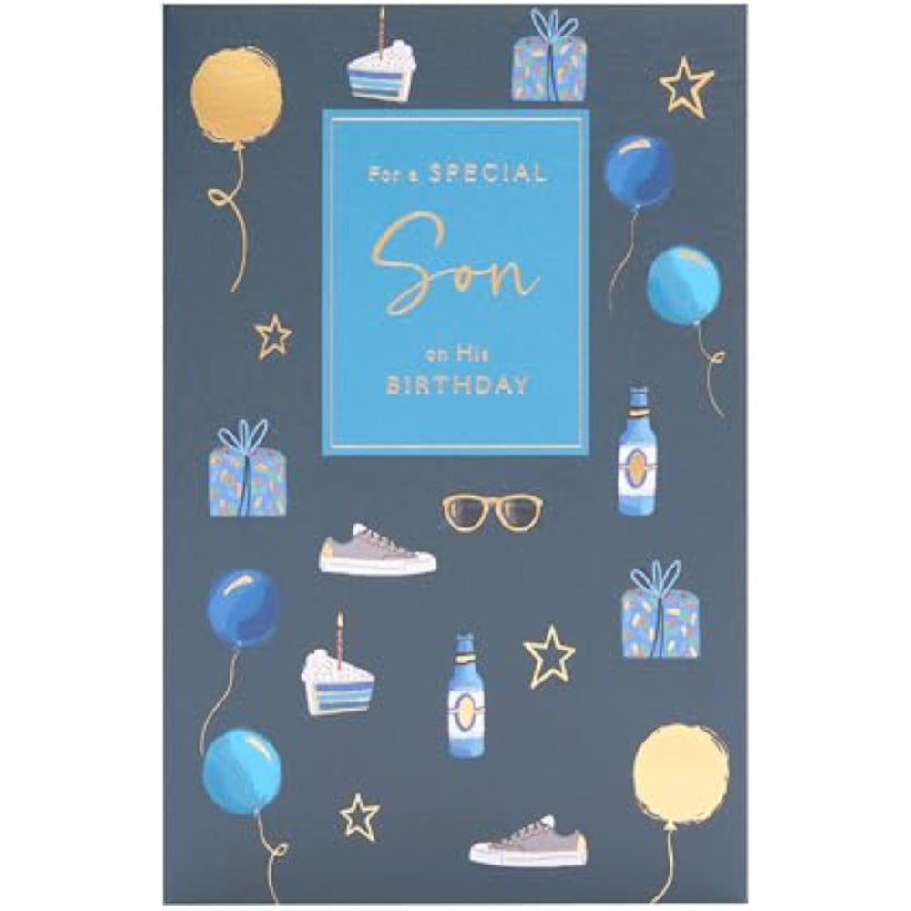 UK Greetings birthday card for son featuring a special design from the Thinking of You range, with colorful and heartfelt artwork.
