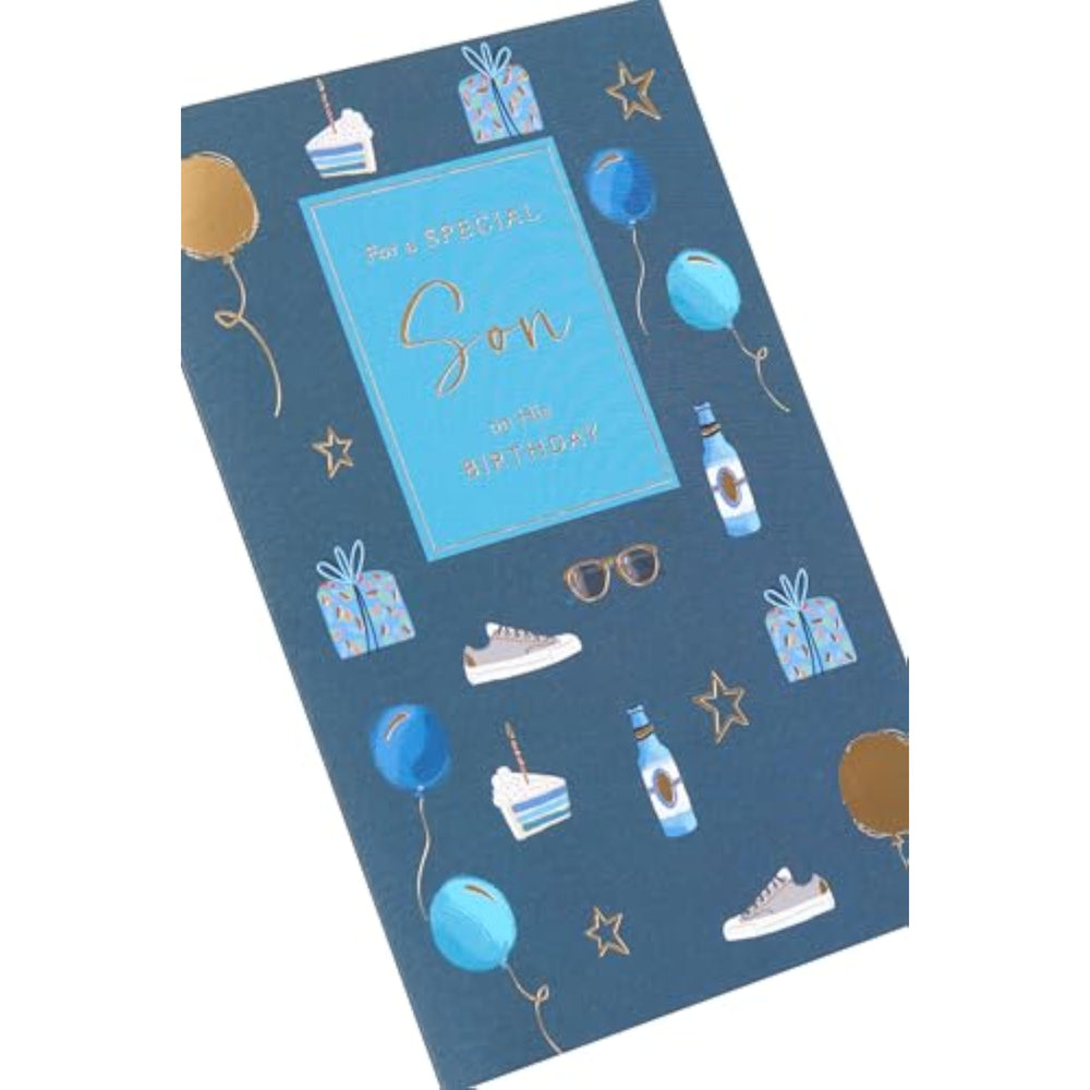 UK Greetings birthday card for son featuring a special design from the Thinking of You range, with colorful and heartfelt artwork.