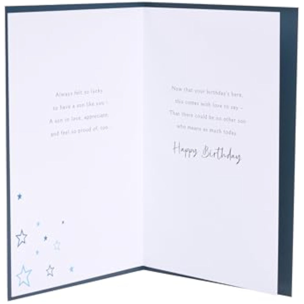 UK Greetings birthday card for son featuring a special design from the Thinking of You range, with colorful and heartfelt artwork.