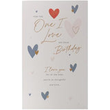 UK Greetings birthday card for the one I love featuring heartfelt hearts design, perfect for celebrating special occasions.
