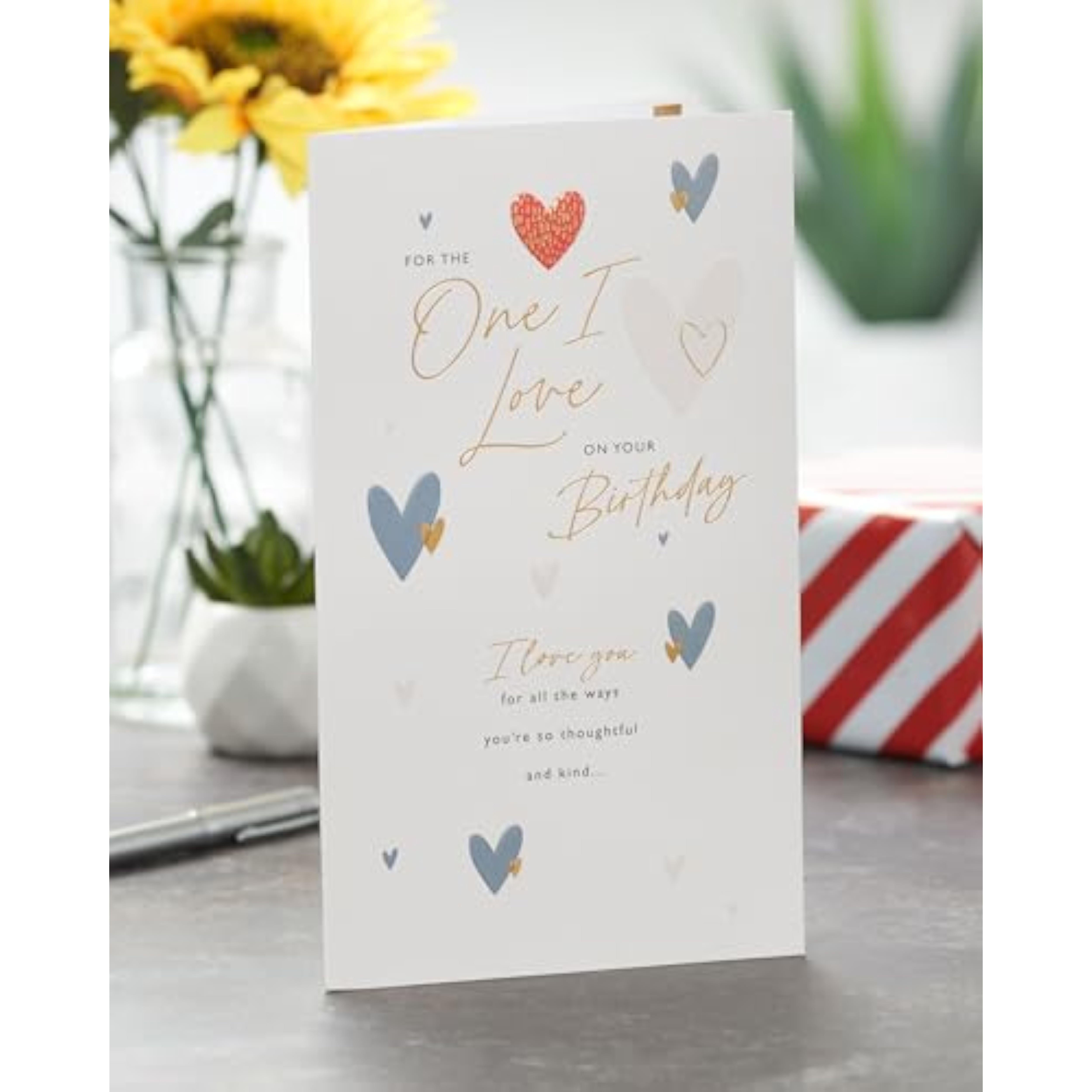 UK Greetings birthday card for the one I love featuring heartfelt message and hearts design, ideal for special birthday occasions.
