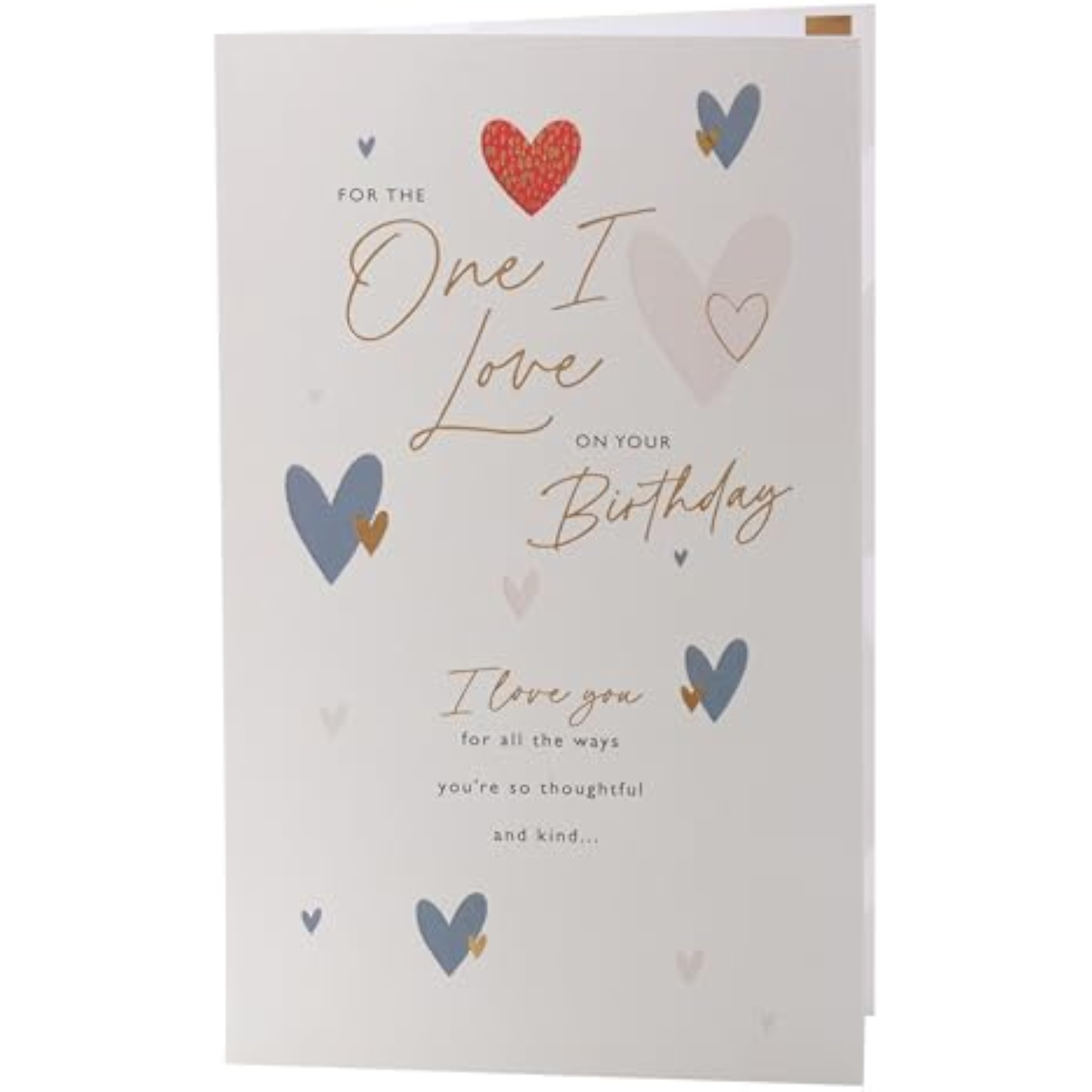 UK Greetings birthday card for the one I love featuring a heartfelt hearts design, perfect for celebrating special occasions.