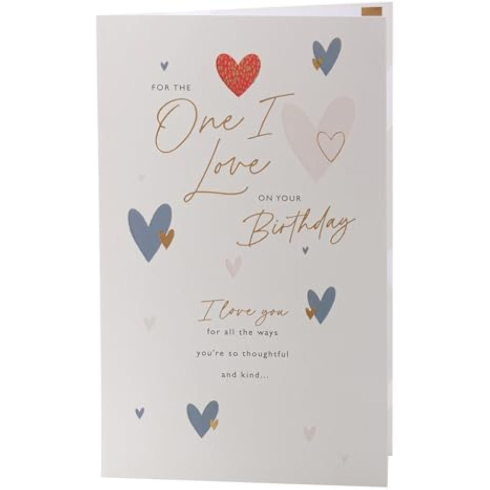 UK Greetings birthday card for the one I love featuring a heartfelt hearts design, perfect for celebrating special occasions.