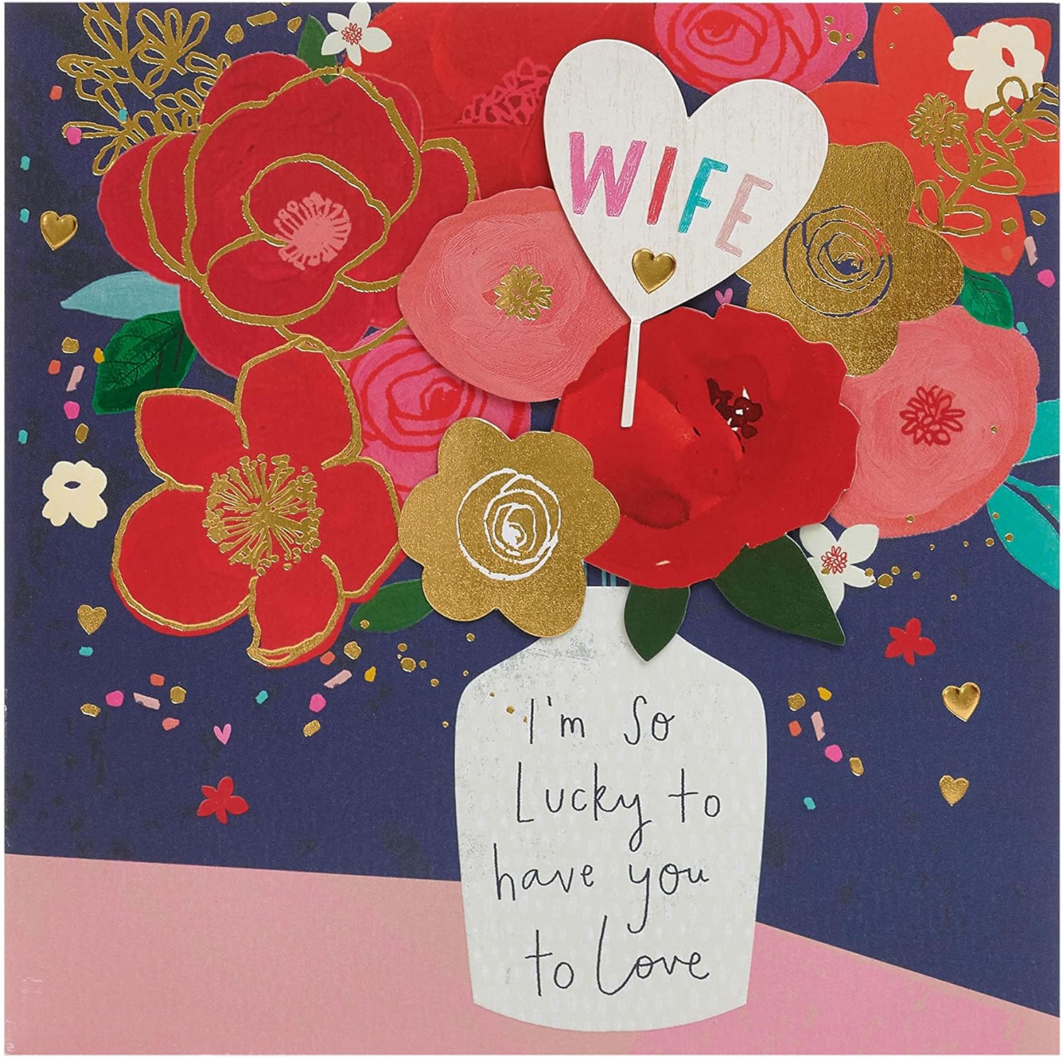 UK Greetings birthday card for wife featuring a vase with a colorful bouquet design, perfect for celebrating special occasions.