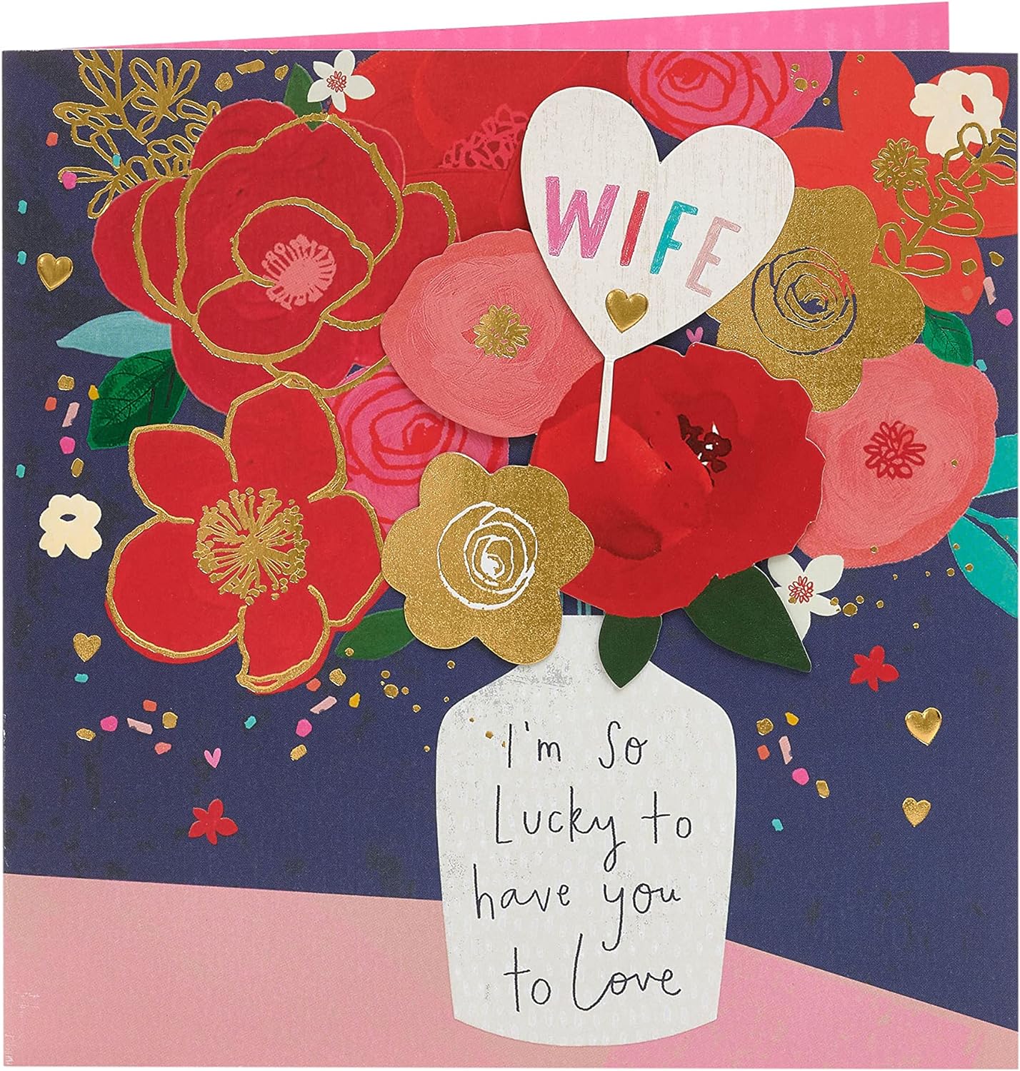 UK Greetings birthday card for wife featuring a vase with a colorful bouquet design, ideal for celebrating special occasions.