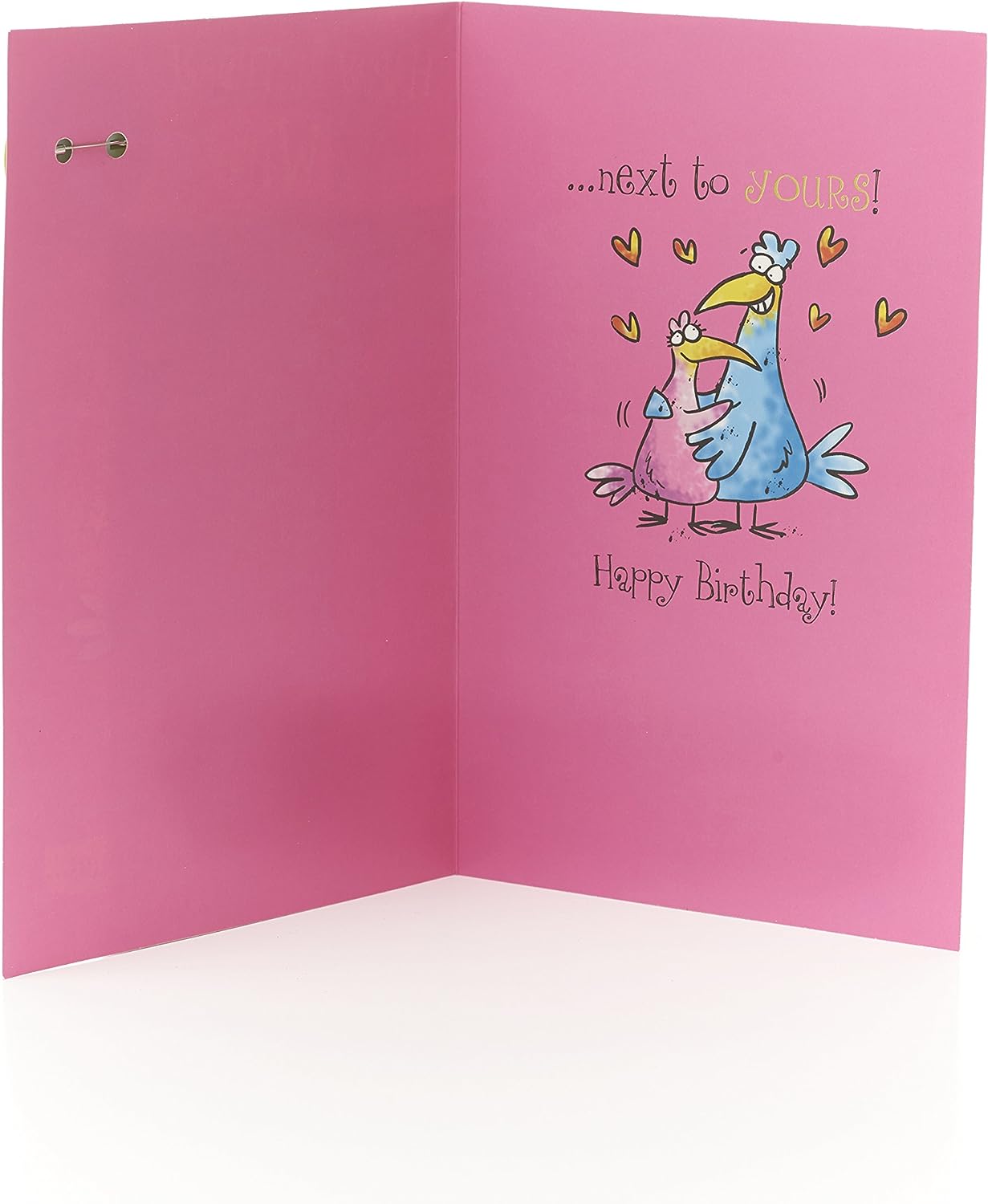 UK Greetings blue and pink bird humorous wife birthday card with badge, featuring colorful bird illustrations and playful design.