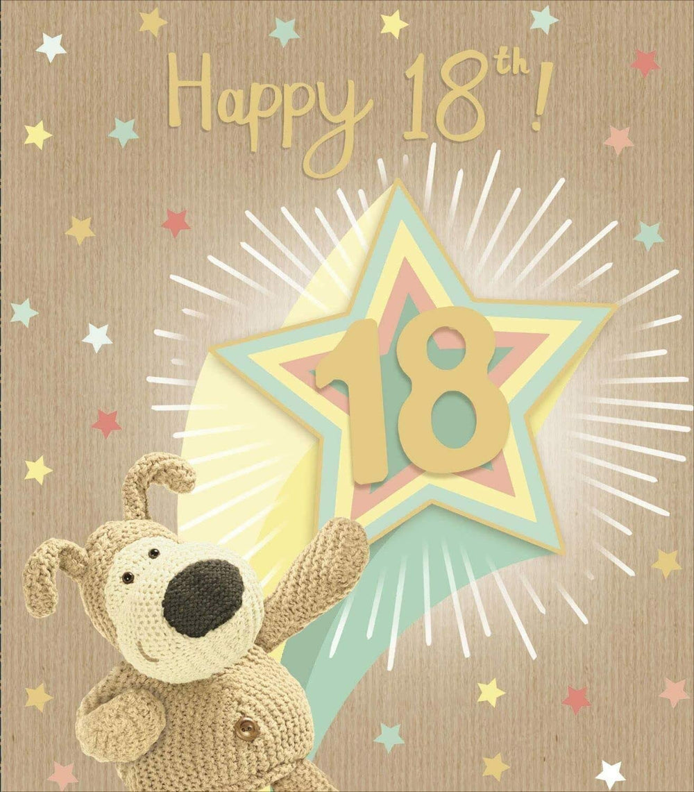 UK Greetings Boofle 18th Shooting Star birthday card featuring colorful illustrations and festive design for special celebrations