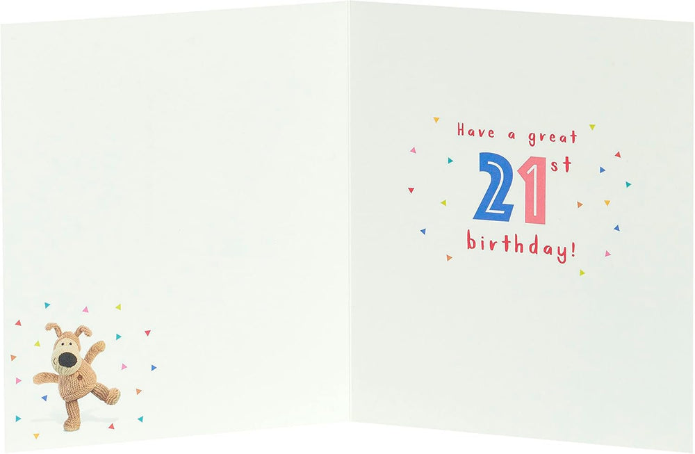 UK Greetings Boofle 21st birthday greeting card featuring colorful cartoon character and festive design.