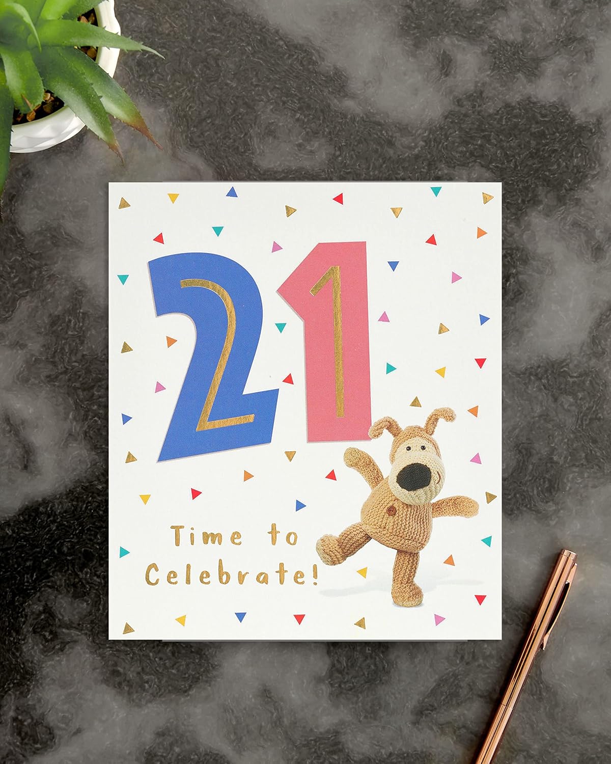 UK Greetings Boofle 21st birthday greeting card featuring colorful illustrations of Boofle celebrating a 21st birthday.