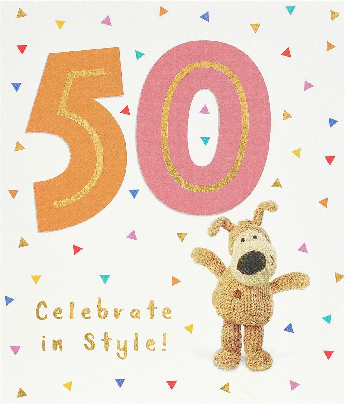 UK Greetings Boofle 50th Birthday Card showing colorful illustration of Boofle the dog with celebratory design.