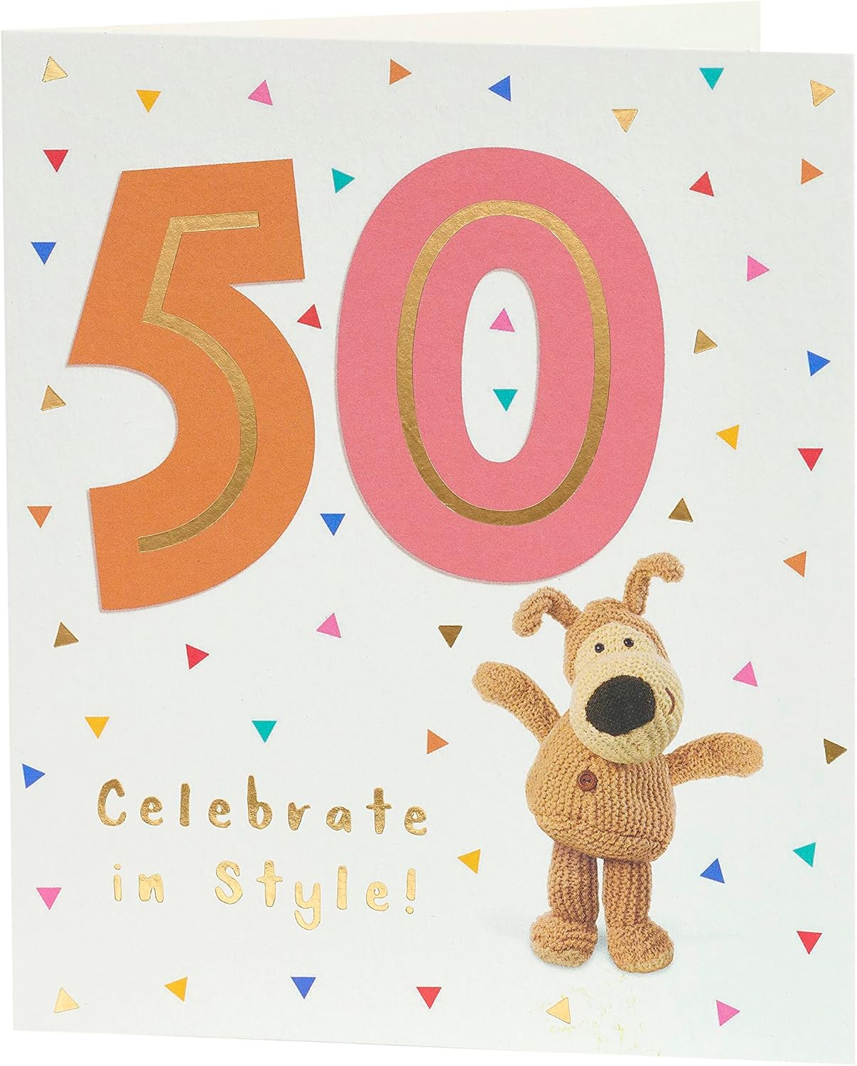 UK Greetings Boofle 50th Birthday Card with colorful cartoon dog illustration, perfect for celebrating a special milestone.