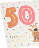UK Greetings Boofle 50th Birthday Card with colorful illustrated design featuring Boofle for a special milestone celebration.