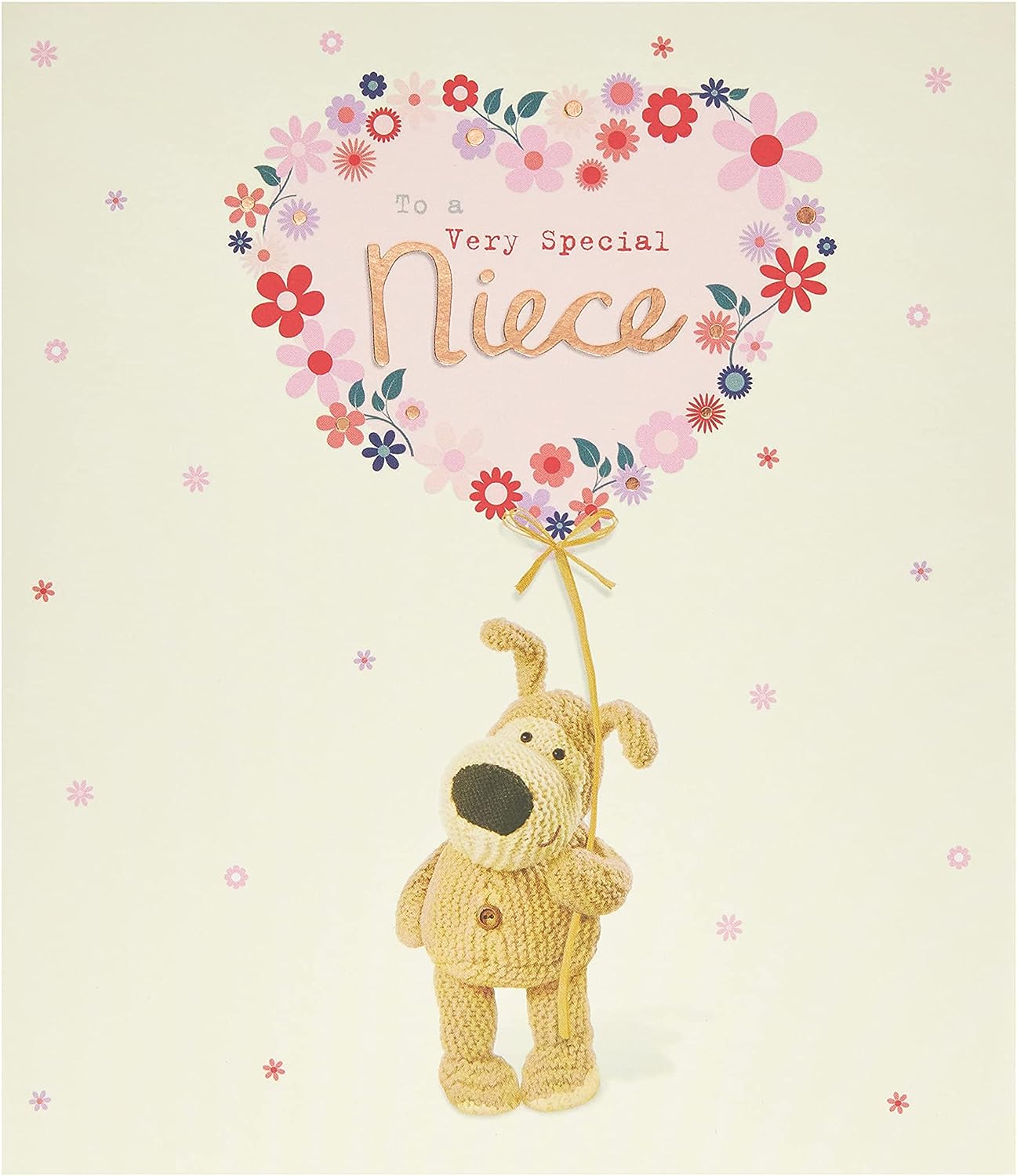 UK Greetings Boofle niece birthday card featuring a big flower balloon design with colorful illustrations and cheerful message.