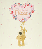 UK Greetings Boofle niece birthday card featuring a big flower balloon design with colorful illustrations and cheerful message.