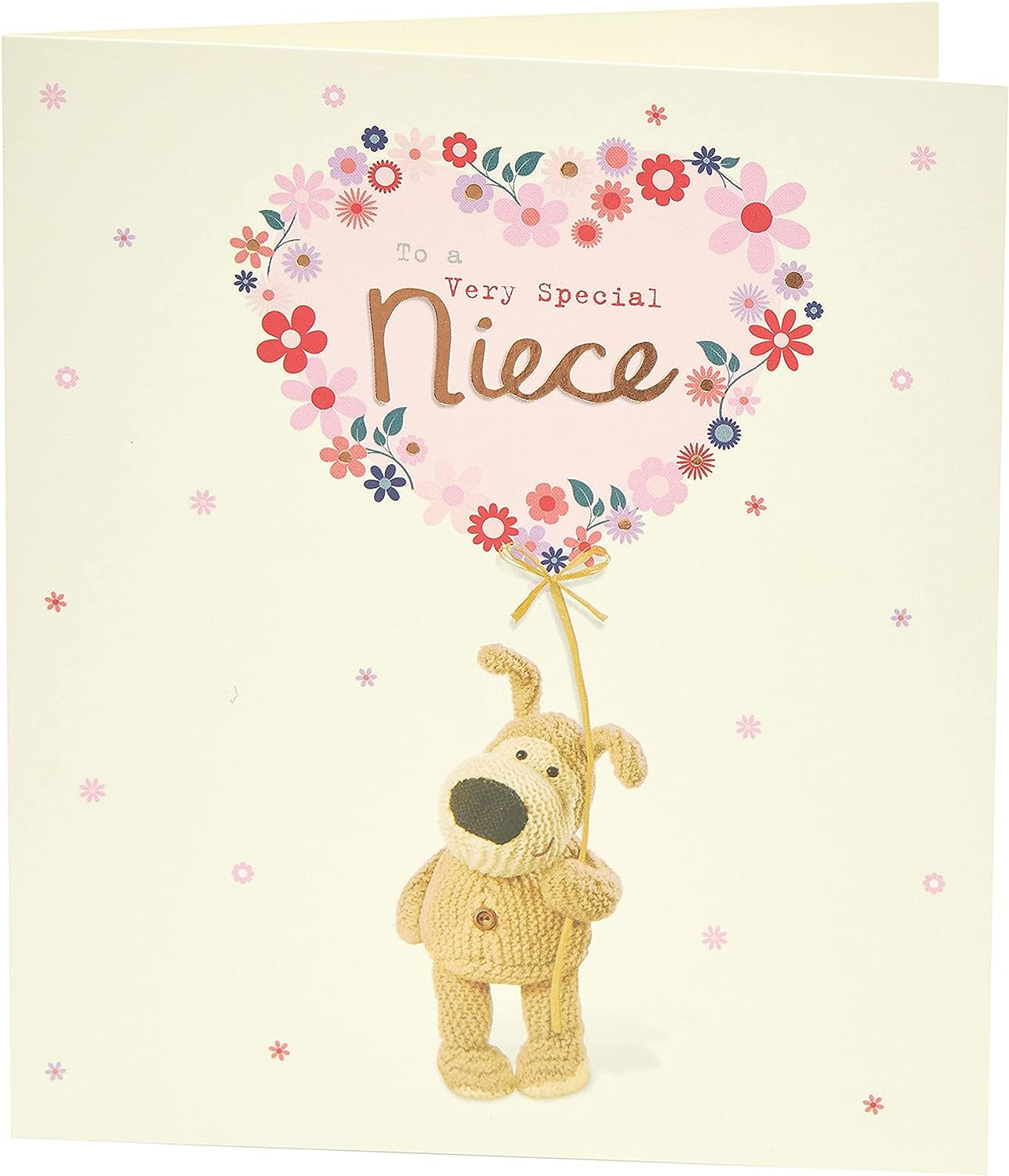 UK Greetings Boofle birthday card featuring a big flower balloon design for niece, with colorful illustrations and festive details.