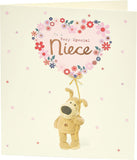UK Greetings Boofle birthday card featuring a big flower balloon design for niece, with colorful illustrations and festive details.