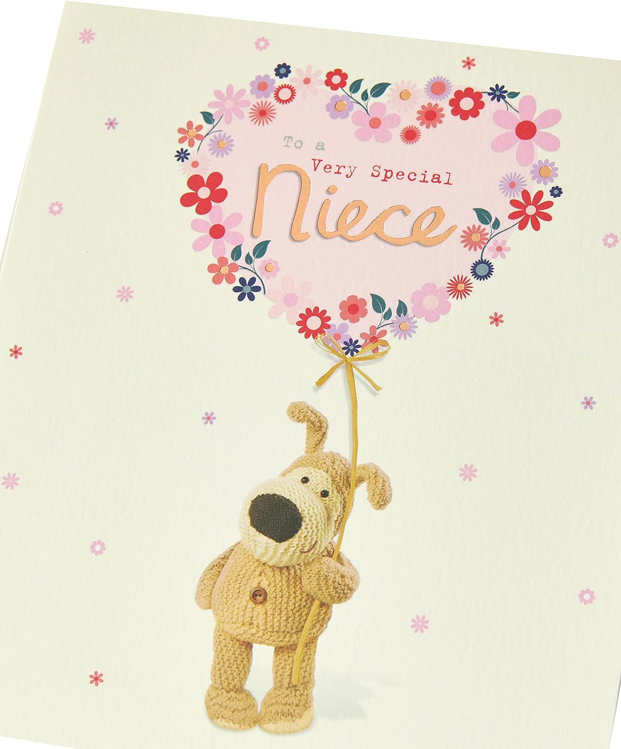 UK Greetings Boofle niece birthday greeting card featuring a big flower balloon design with colorful illustrations.