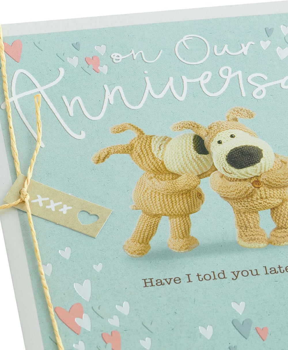 UK Greetings Boofle anniversary greeting card for husband or wife with envelope, featuring a cute design and festive details.