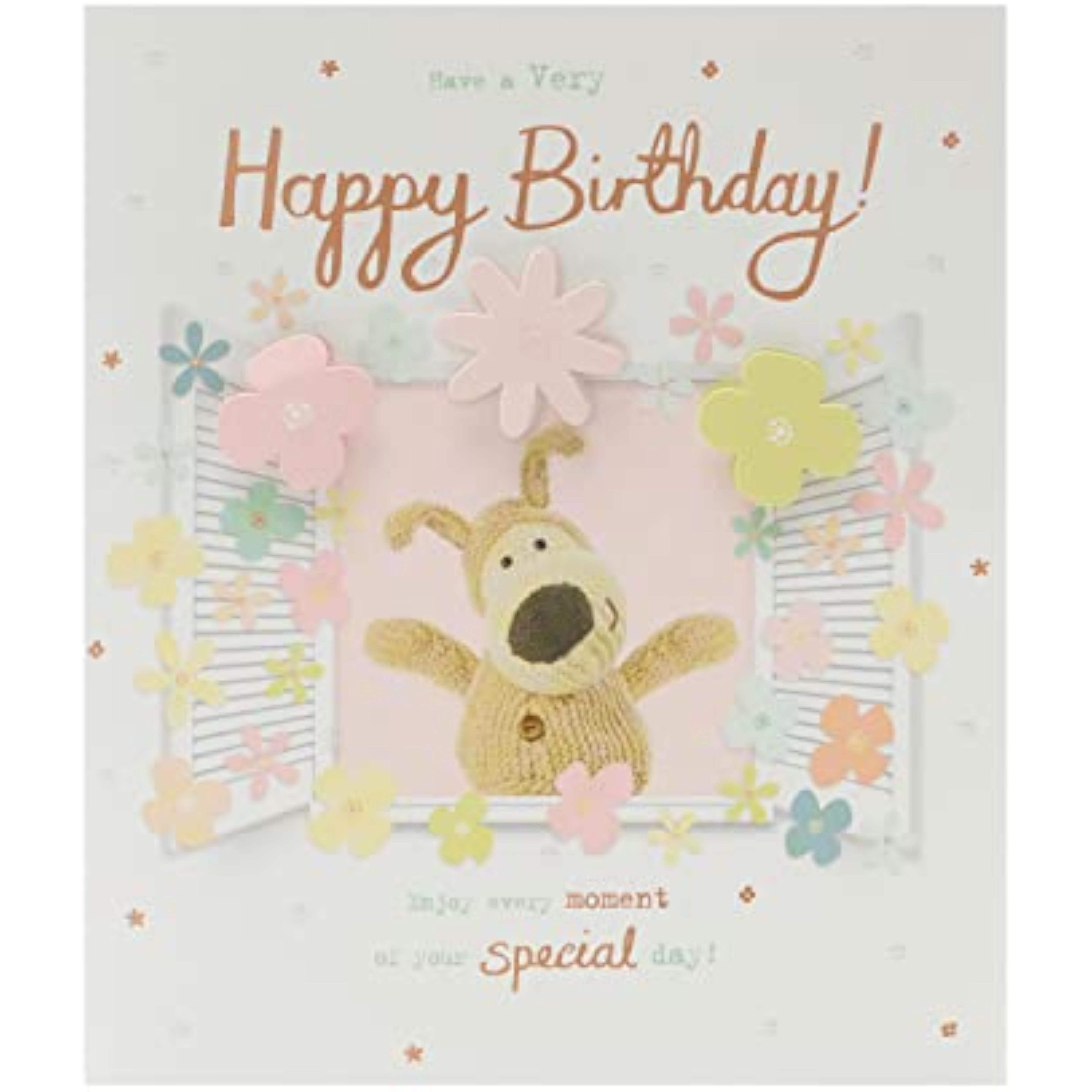 UK Greetings Boofle at Window birthday greeting card showing a cute cartoon dog peeking through a window.