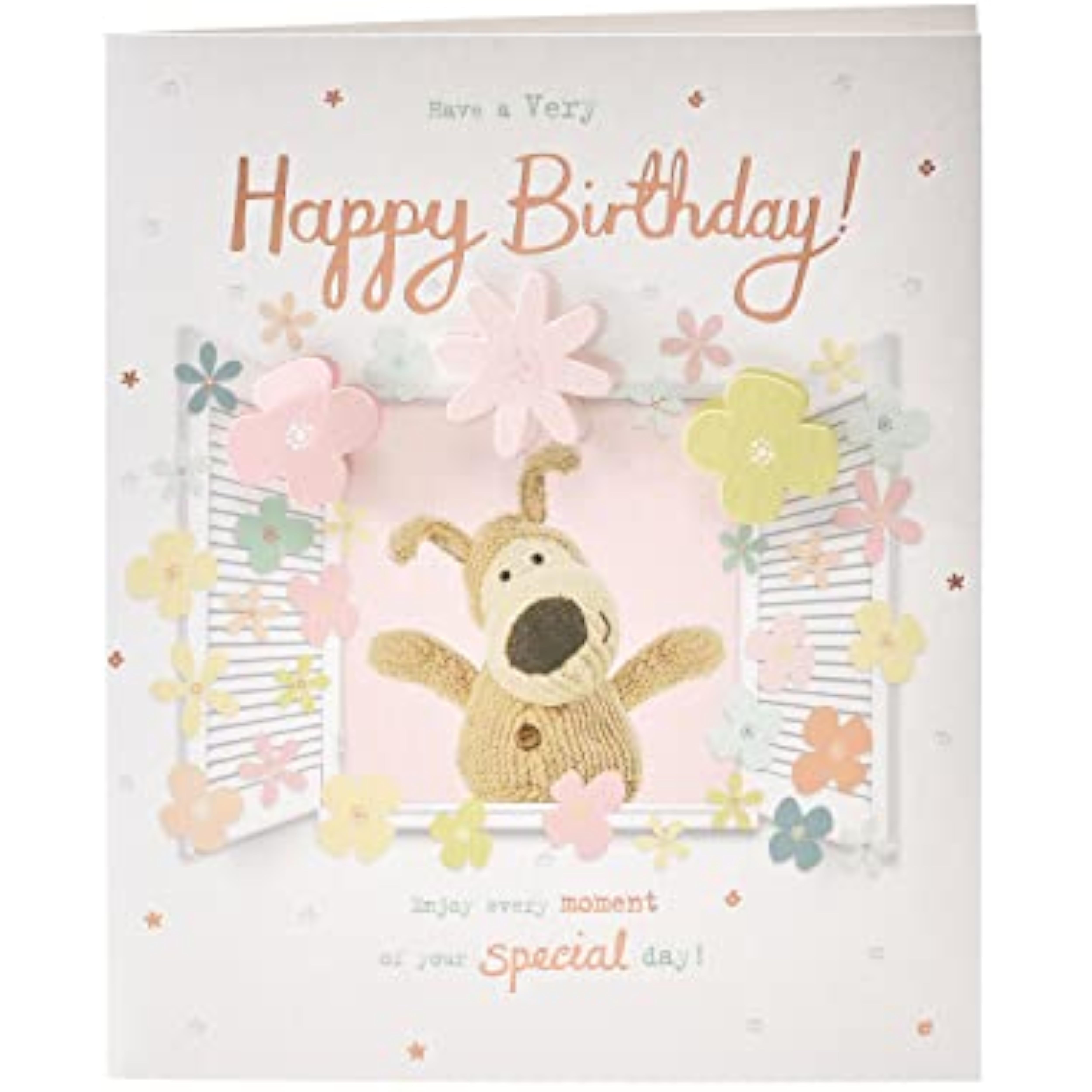 UK Greetings Boofle at Window birthday card, colorful greeting card featuring a cute Boofle character by a window.