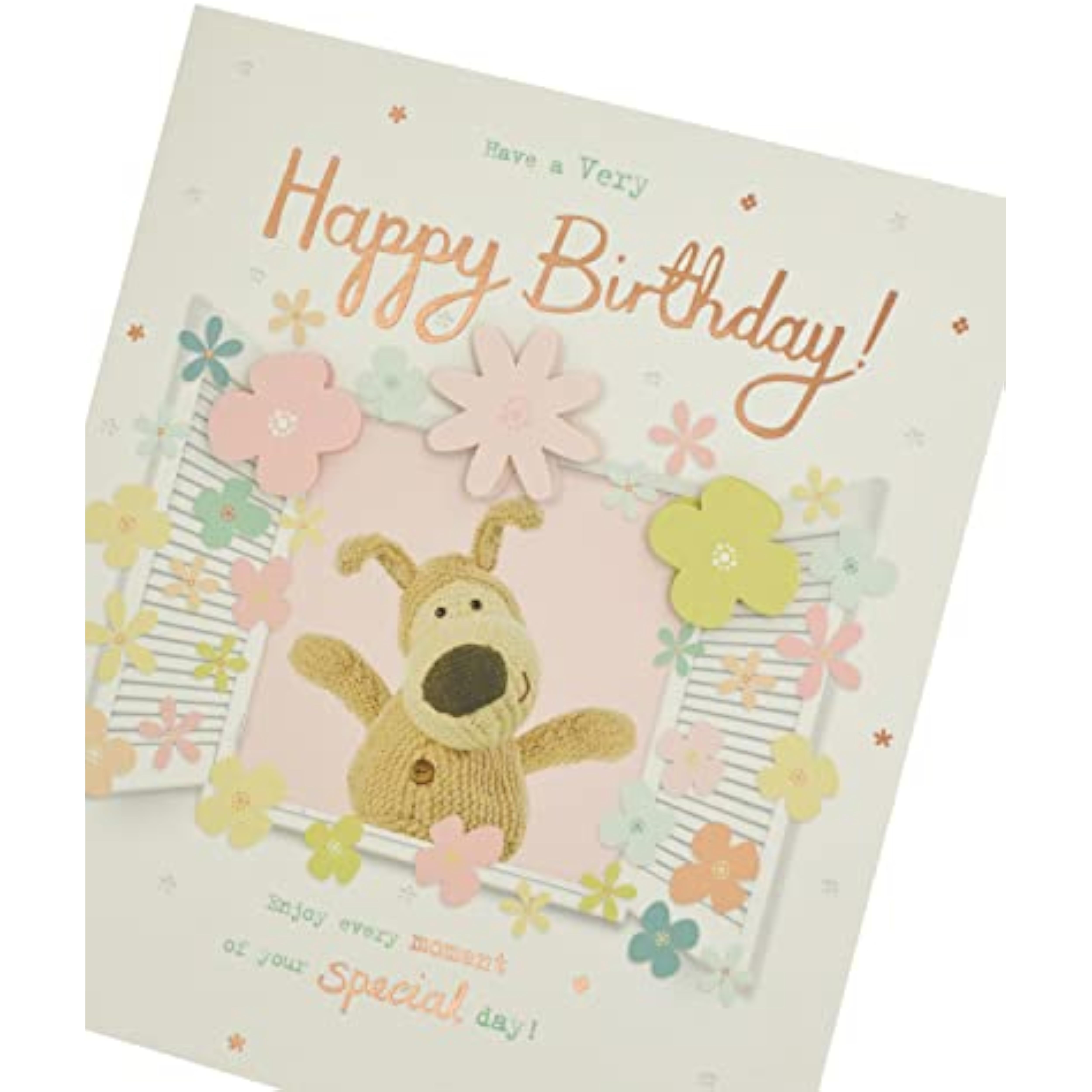 UK Greetings Boofle at Window birthday greeting card showing a cute cartoon dog with a festive background.