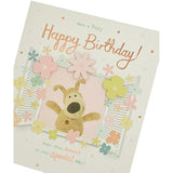 UK Greetings Boofle at Window birthday greeting card showing a cute cartoon dog with a festive background.