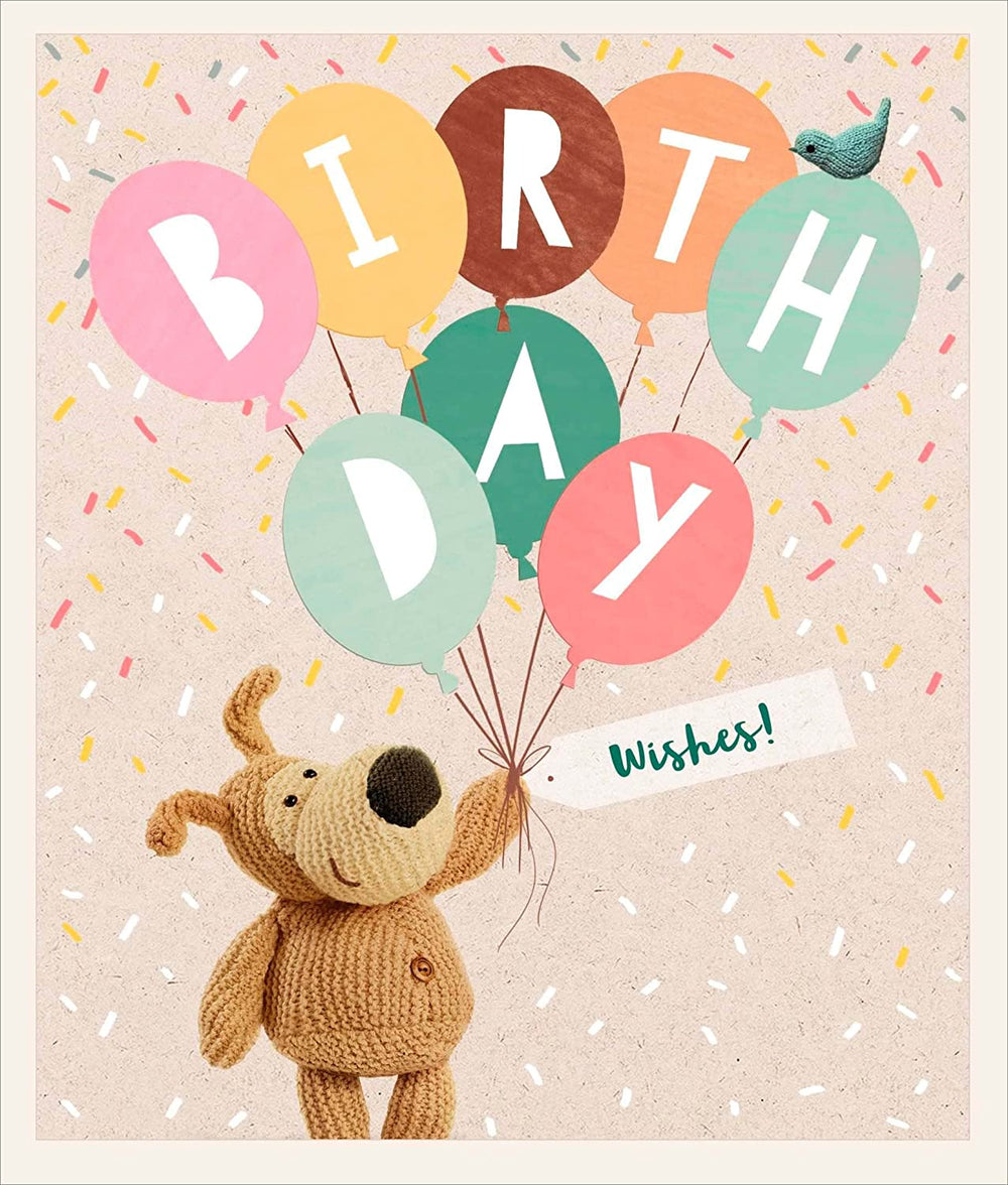 UK Greetings Boofle Balloons birthday greeting card featuring colorful balloon illustrations and cheerful design.