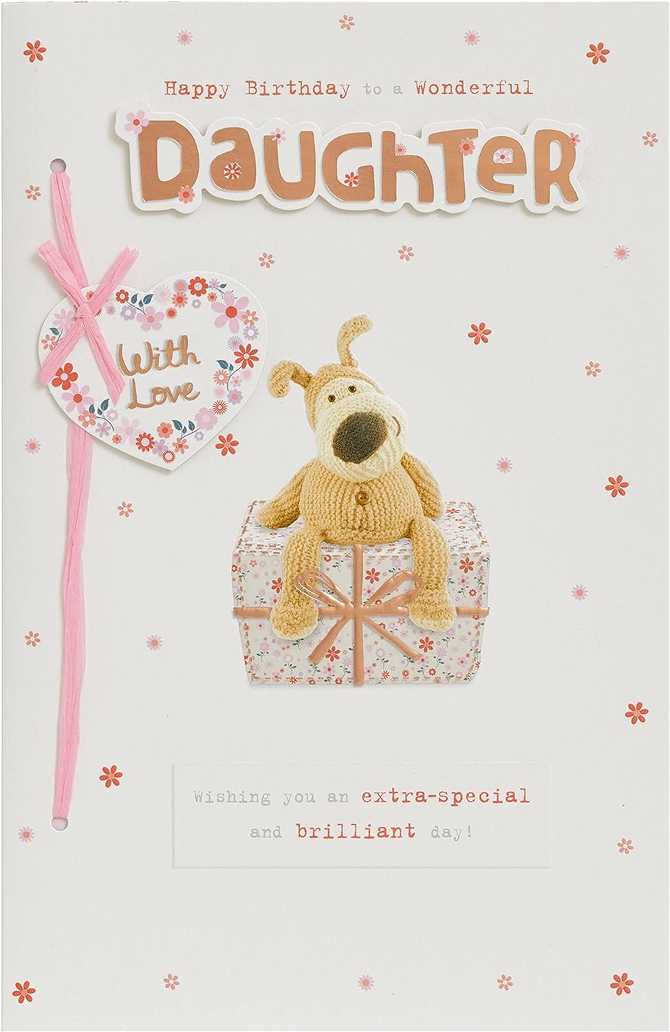 UK Greetings Boofle birthday greeting card for daughter with envelope, featuring a cute design and a big present illustration.