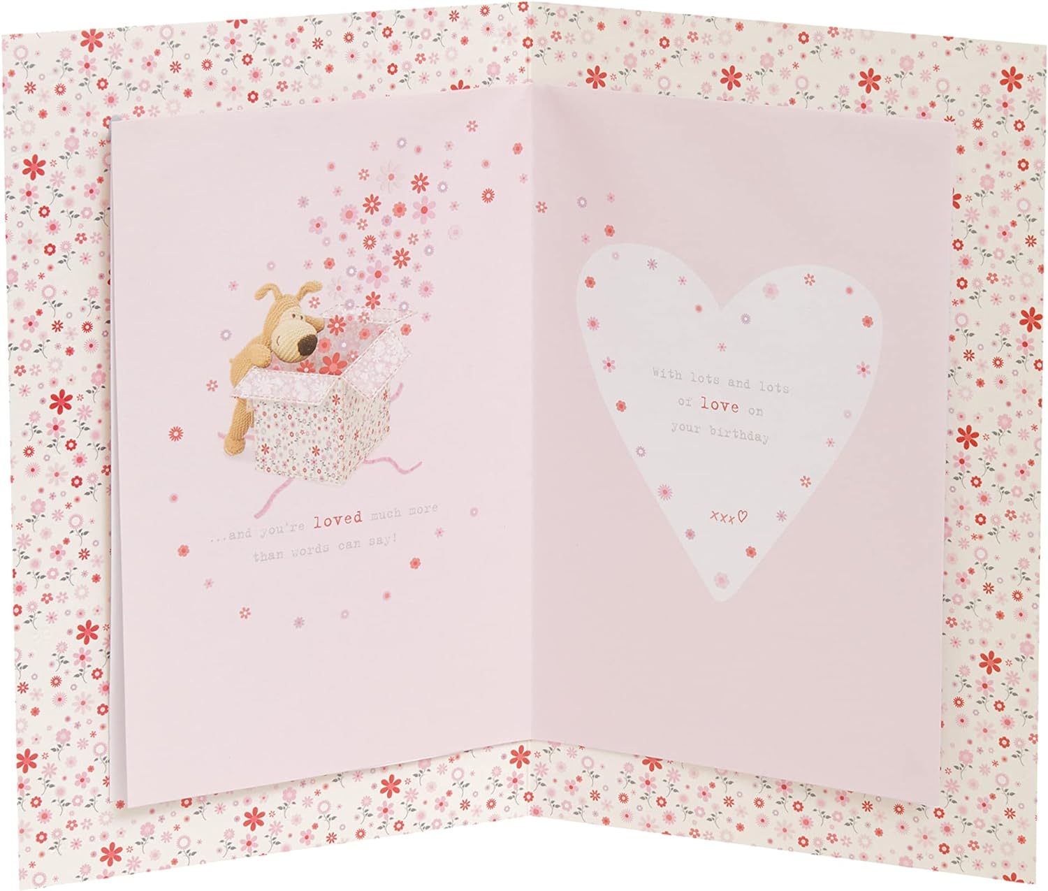 UK Greetings Boofle birthday card for daughter featuring a cute design and envelope, with a big present illustration.