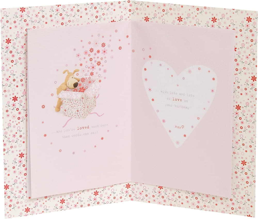UK Greetings Boofle birthday card for daughter featuring a cute design and envelope, with a big present illustration.