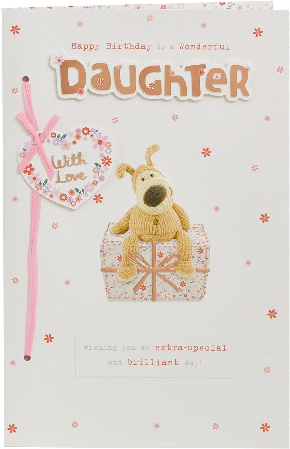 UK Greetings Boofle birthday card for daughter featuring a cute design with a big present and envelope.