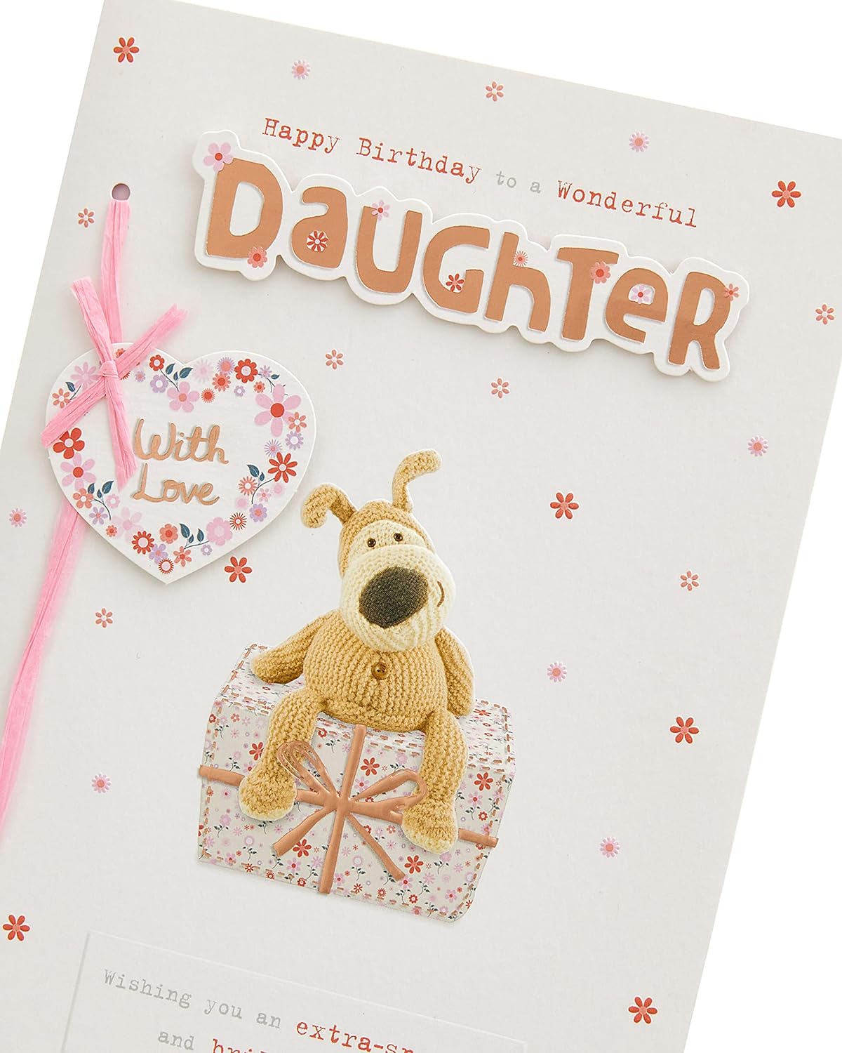 UK Greetings Boofle birthday card for daughter with envelope, featuring a cute design and a large present illustration.