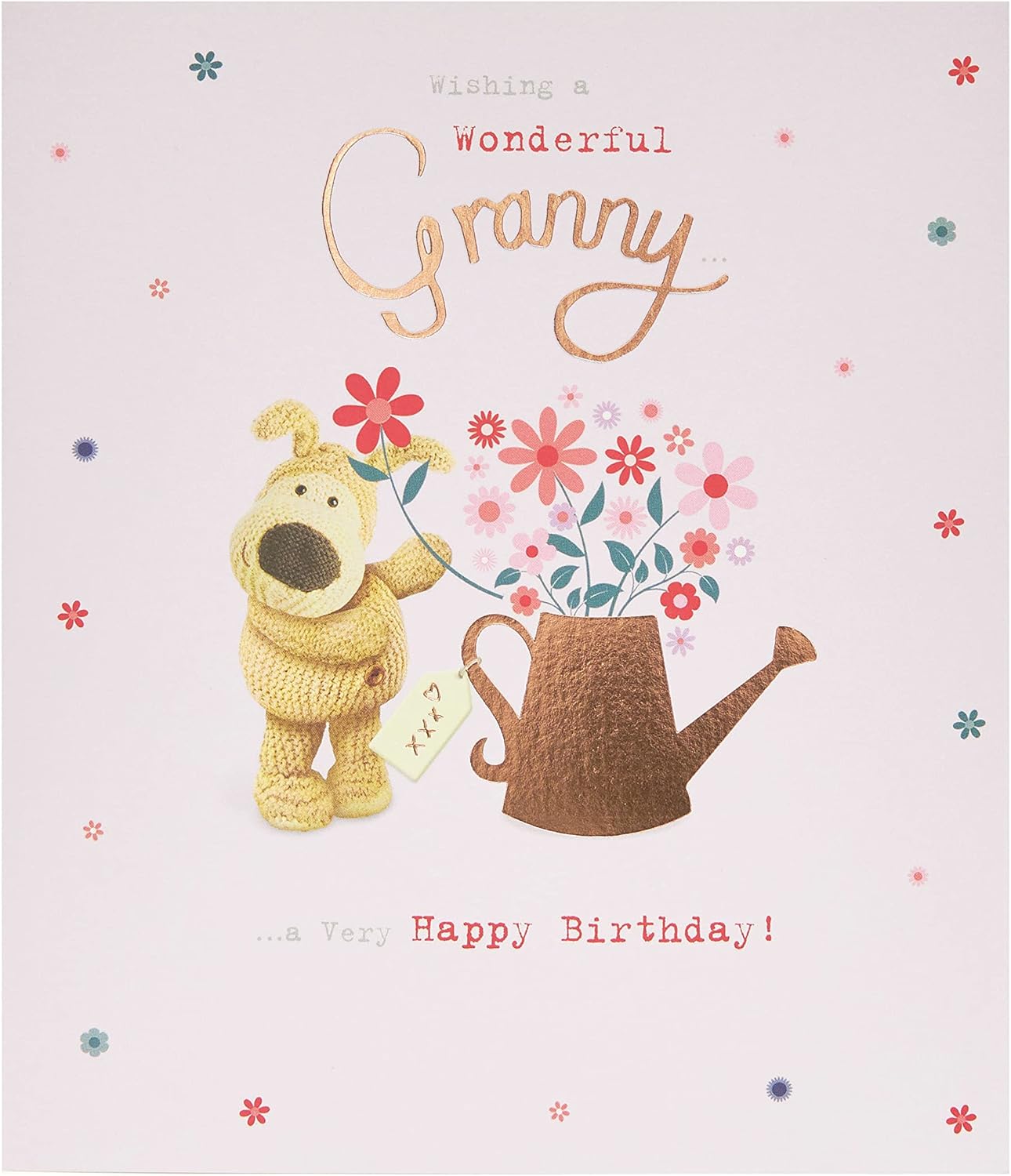UK Greetings Boofle birthday card for Granny with watering flowers design and envelope, featuring a cute, colorful greeting card image.